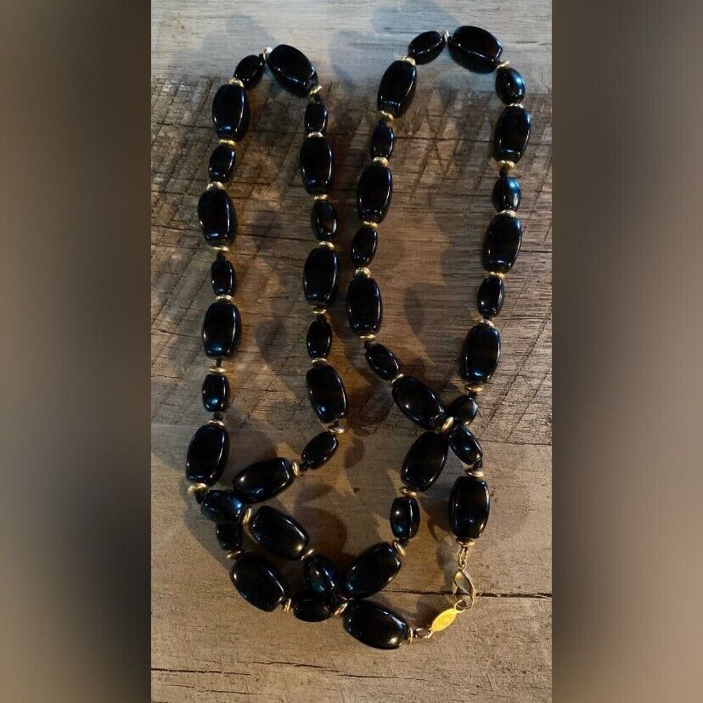 Women’s Necklace Black  Strand Rectangle Beads  36” Opera